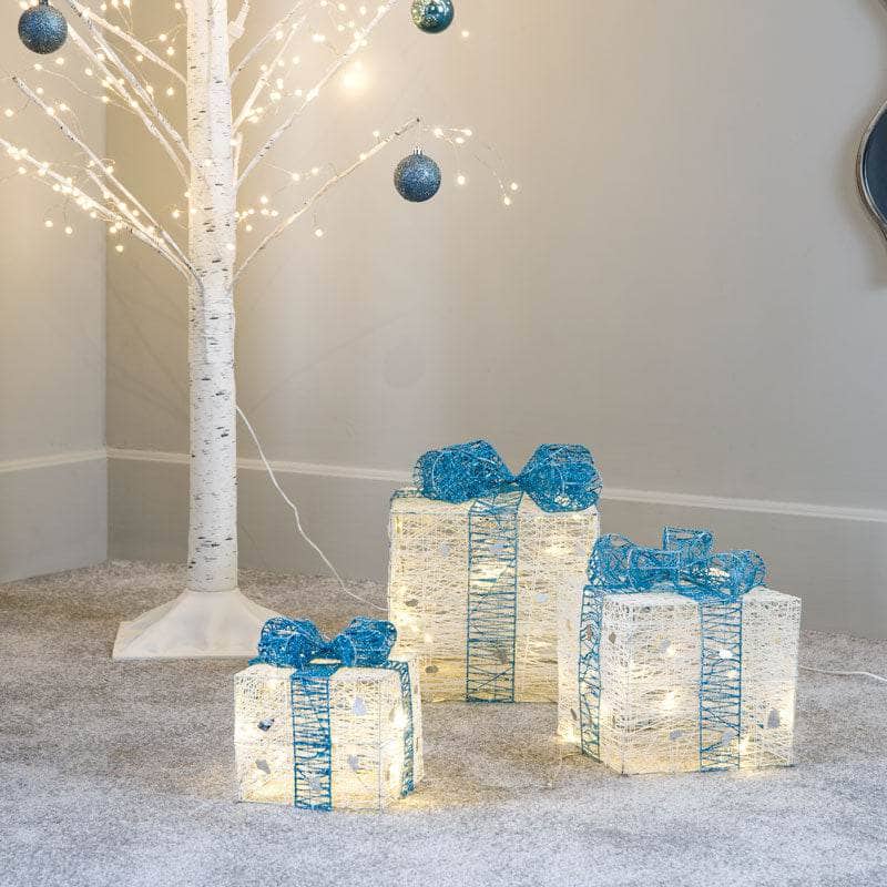Christmas  -  Set Of 3 Warm White & Blue LED Christmas Parcels  -  60001097