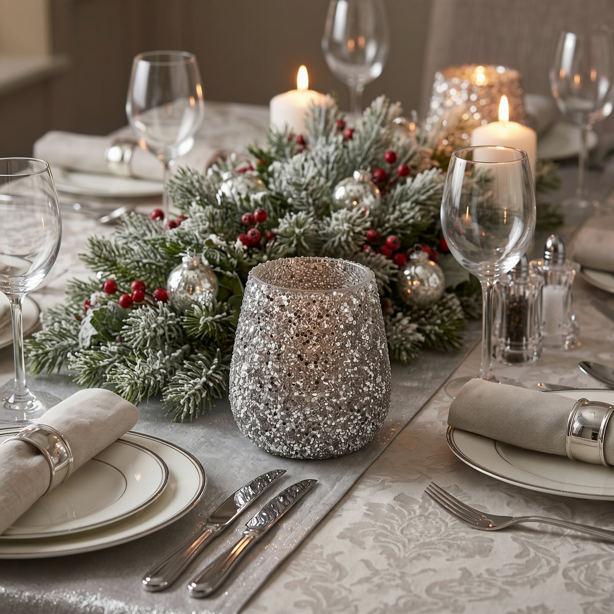15cm Silver Beaded Tealight Holder displayed on an elegant Christmas dining table with frosted greenery, festive decorations and silver tableware.