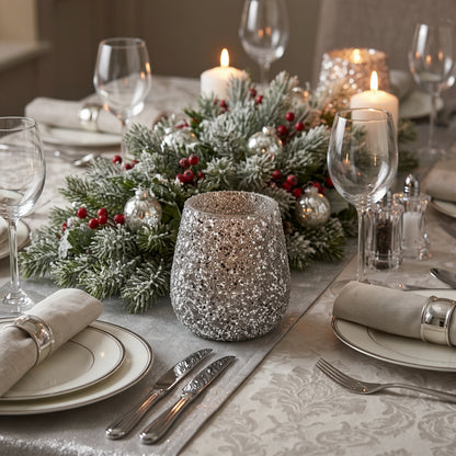 15cm Silver Beaded Tealight Holder displayed on an elegant Christmas dining table with frosted greenery, festive decorations and silver tableware.