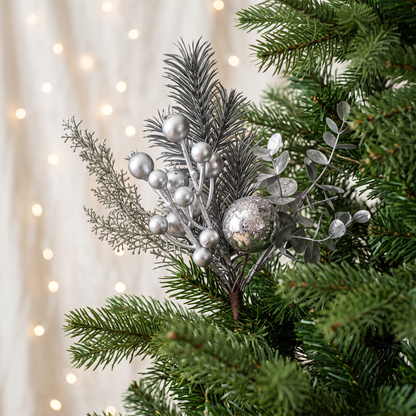 Silver Floral Pick 33cm styled in Christmas tree with silver berries foliage and bauble