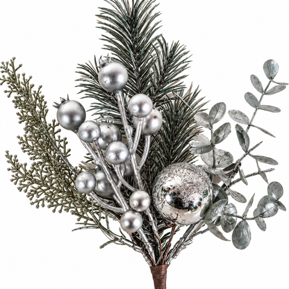 Silver Floral Pick 33cm close-up with metallic festive foliage silver berries and ornament