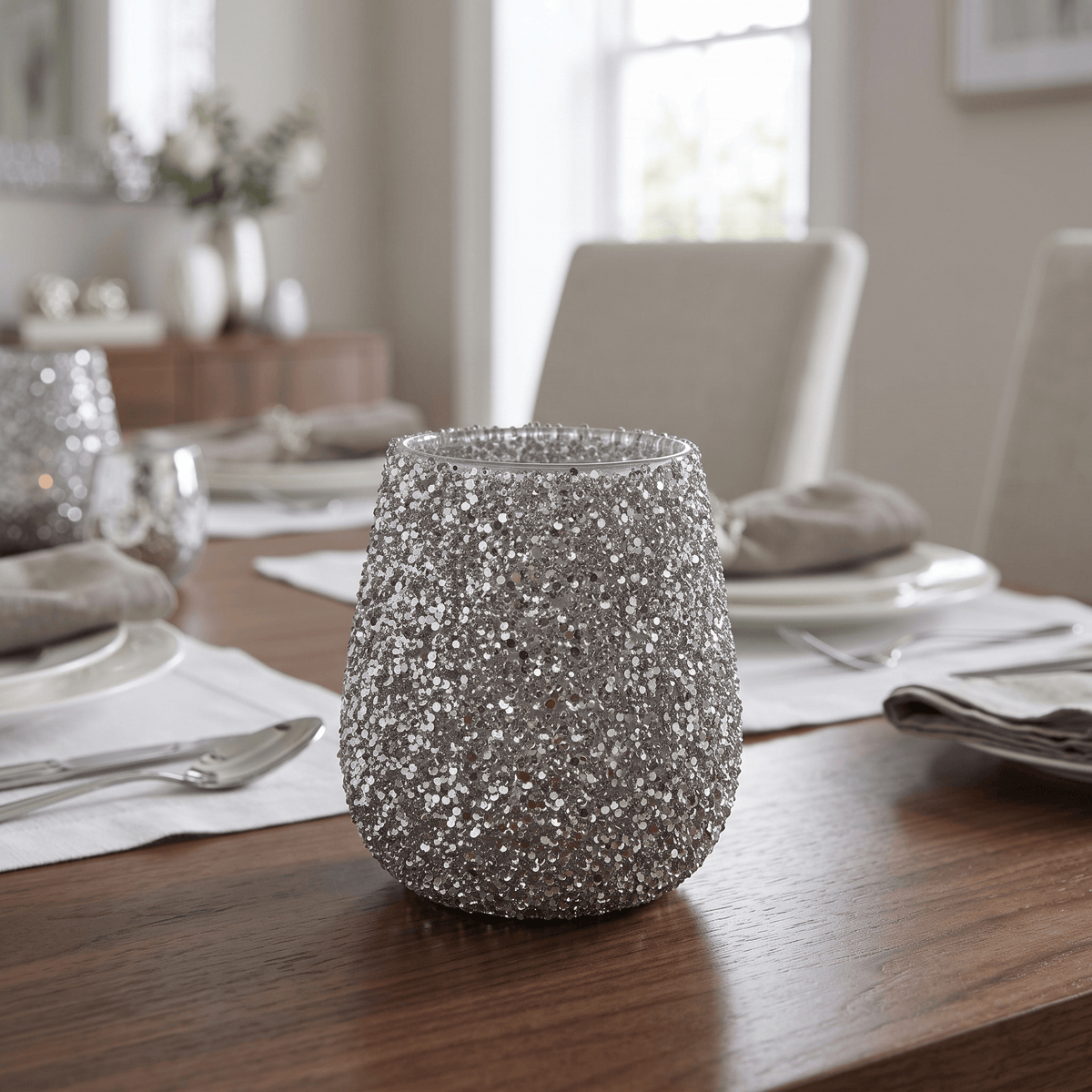 Christmas  -  Silver Sequin Tealight Holder - 15cm  -  60487813