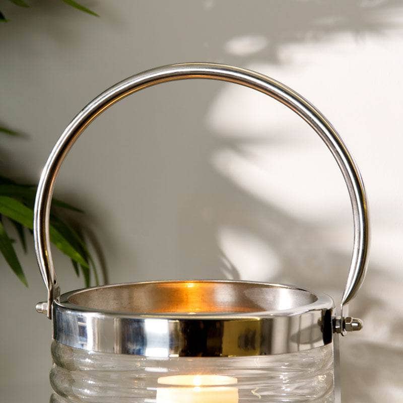 Silver Stainless Steel & Ribbed Glass Lantern - 23cm -  60008068