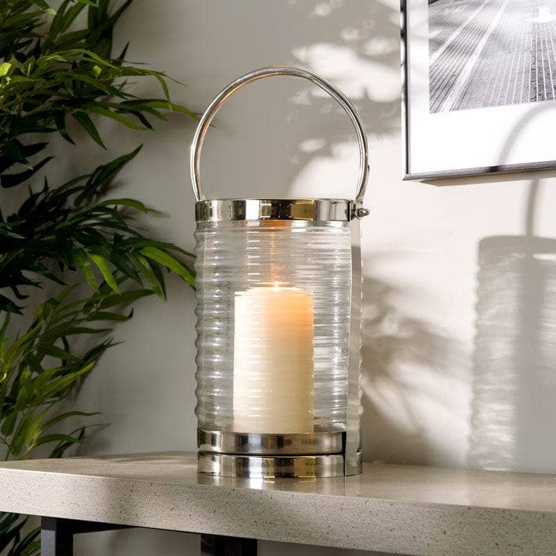 Homeware  -  Silver Stainless Steel & Ribbed Glass Lantern - 33cm  -  60008067