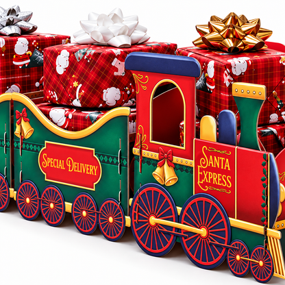 Small Santa Christmas Train Gift Box Red close-up Santa Express festive gift packaging