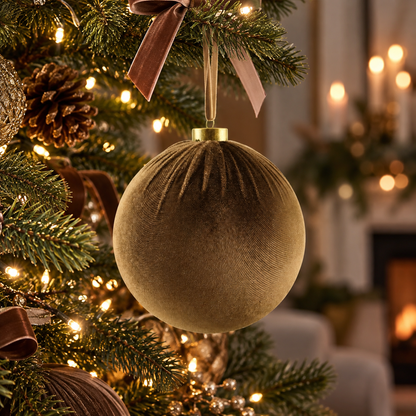 15cm Brown Velvet Christmas Bauble displayed on a festive Christmas tree with gold decorations, pine cones and warm white lights in a cosy living room.
