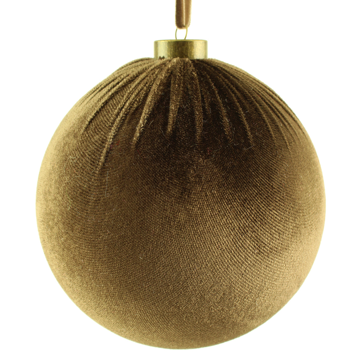 15cm Brown Velvet Christmas Bauble featuring a soft, textured velvet finish, round shape, gold cap and matching hanging ribbon, displayed on a white background.