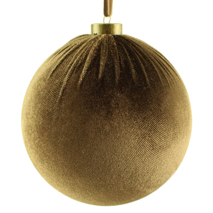 15cm Brown Velvet Christmas Bauble featuring a soft, textured velvet finish, round shape, gold cap and matching hanging ribbon, displayed on a white background.