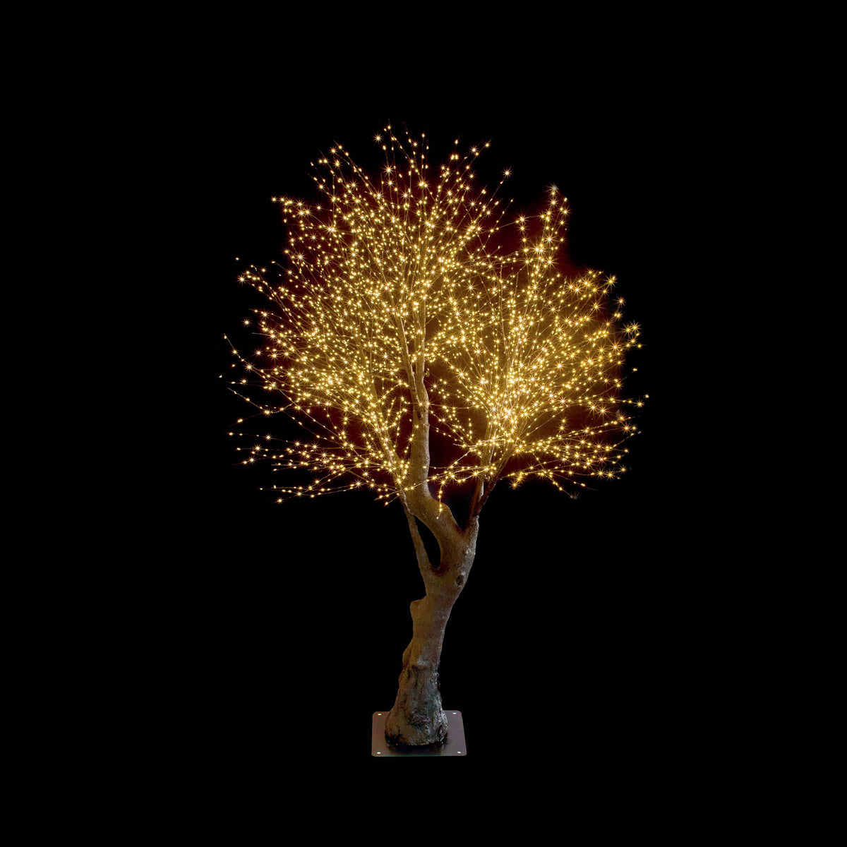Warm White LED Twinkling Black Tree 210cm glowing Christmas light tree on black background