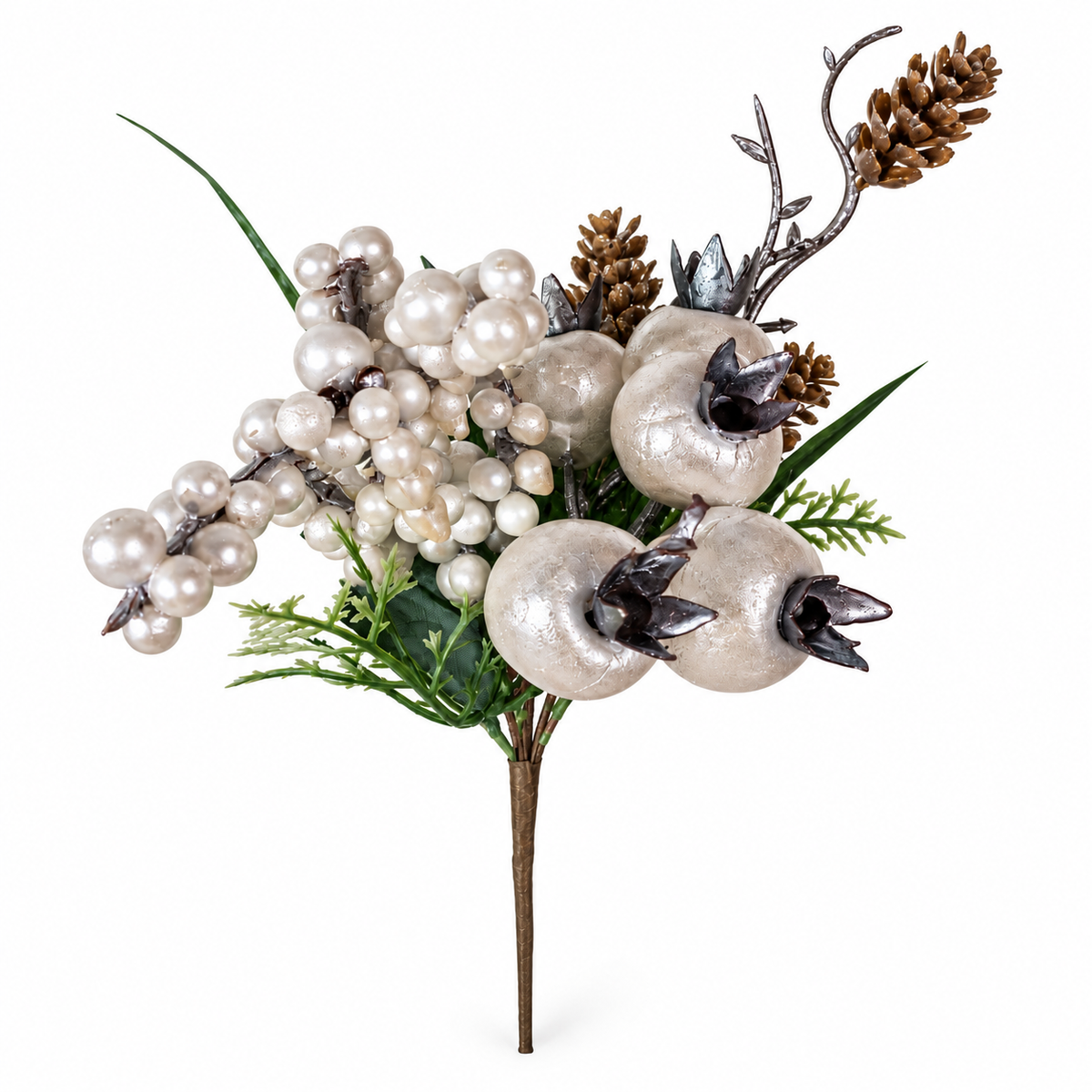 White Floral Pick 24cm Christmas decoration with frosted fruit pearl berries and greenery