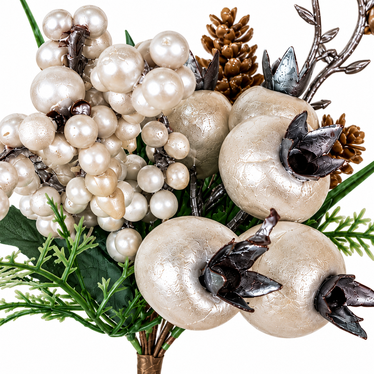 White Floral Pick 24cm close-up with pearl berries white fruit greenery and festive pinecones