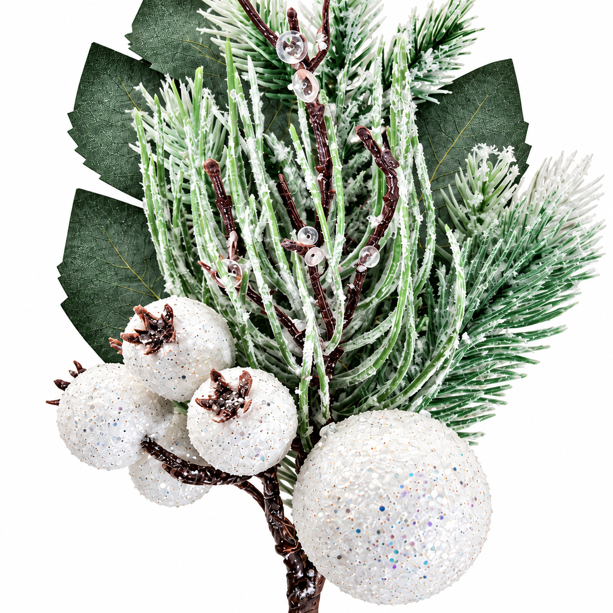 White Fruit Pick 31cm close-up with frosted evergreen foliage and glitter Christmas berries