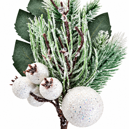 White Fruit Pick 31cm close-up with frosted evergreen foliage and glitter Christmas berries