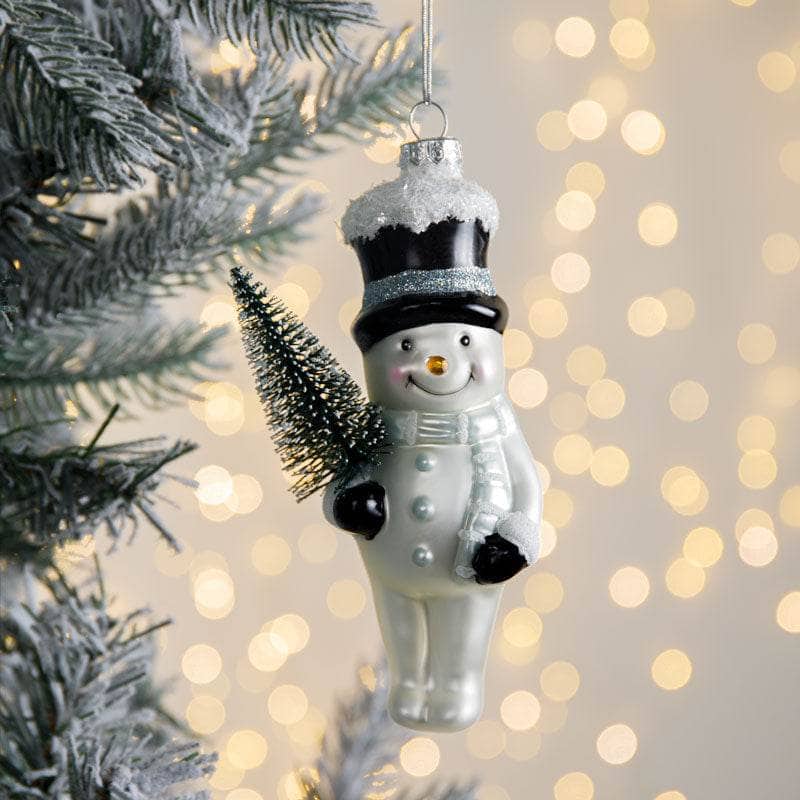 White Glass Snowman Christmas Tree Decoration - 16cm