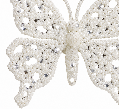 White Glitter Butterfly Clip 18cm beaded Christmas butterfly decoration close-up