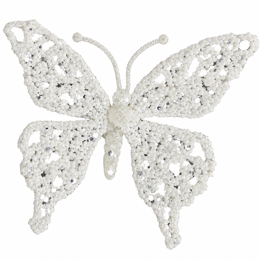 White Glitter Butterfly Clip 18cm white sparkling Christmas tree decoration