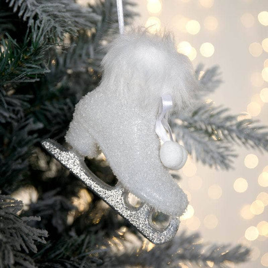 Christmas  -  White Glitter Skate Christmas Tree Decoration - 12cm  -  50153794