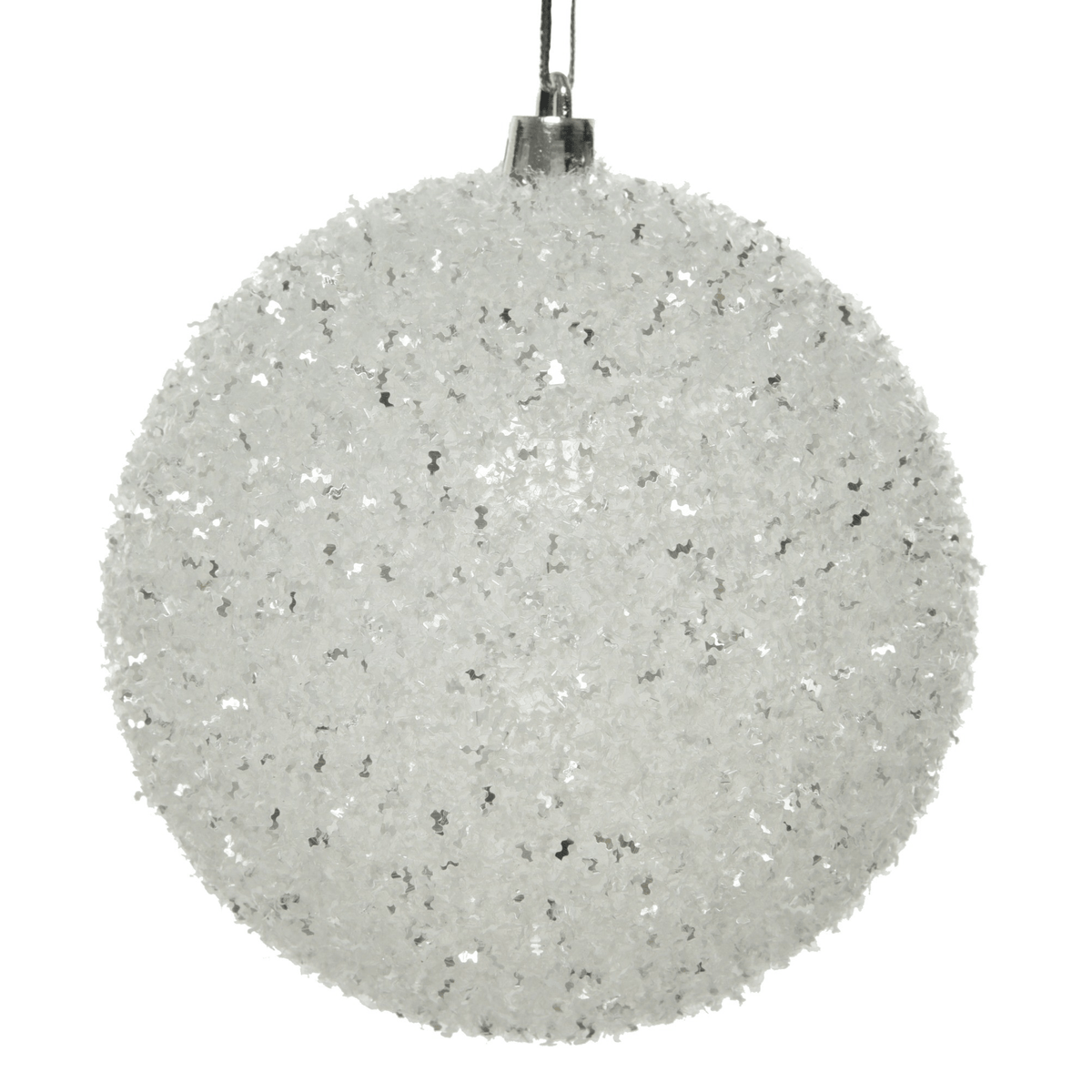 White Ice Bauble – 10cm, close-up of the textured white snow-effect surface with shimmering silver flecks, silver hanging cap and string.