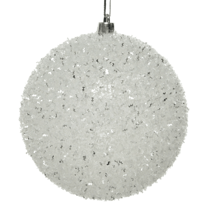 White Ice Bauble – 10cm, close-up of the textured white snow-effect surface with shimmering silver flecks, silver hanging cap and string.