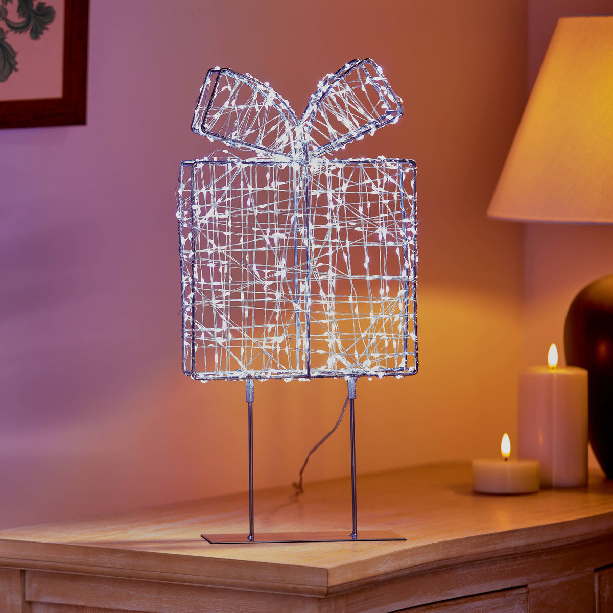 Christmas  -  White Twinkling Light Silver Parcel - 45cm  -  60487747