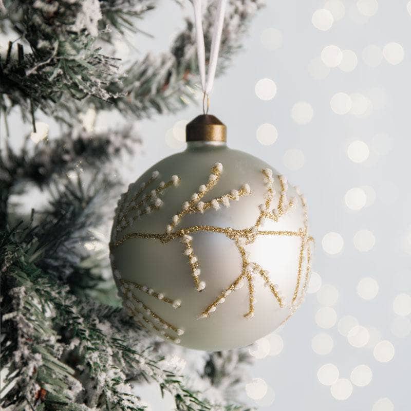 Christmas  -  White and Gold Glitter Branch Glass Bauble - 10cm  -  60004033