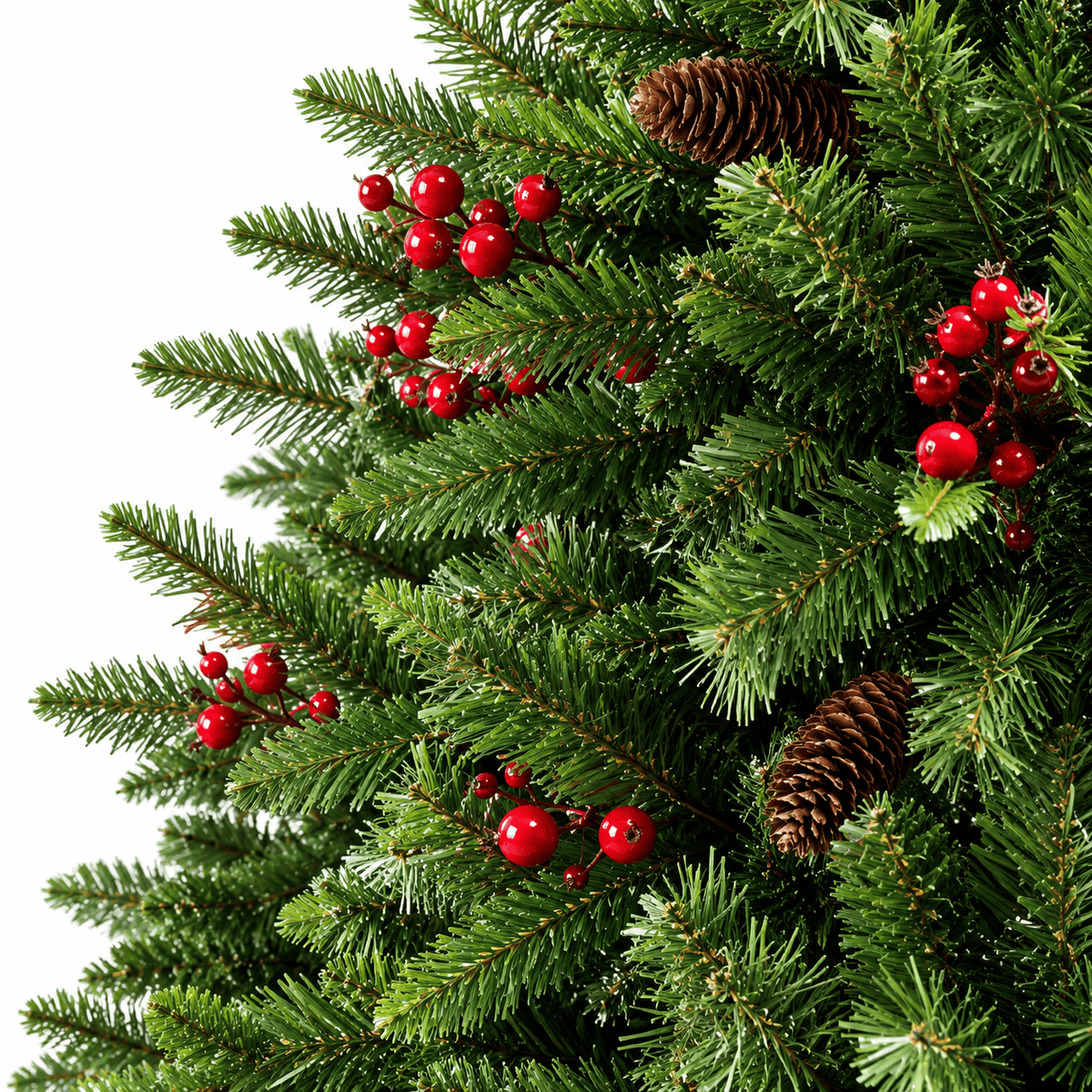 Close-up of the 7ft Windham Spruce Green Christmas Tree featuring realistic green fir branches, bright red berries and natural pine cones.