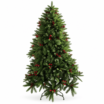 7ft Windham Spruce Green Artificial Christmas Tree featuring full, realistic green foliage with decorative red berries and pine cones, displayed on a metal stand against a white background.