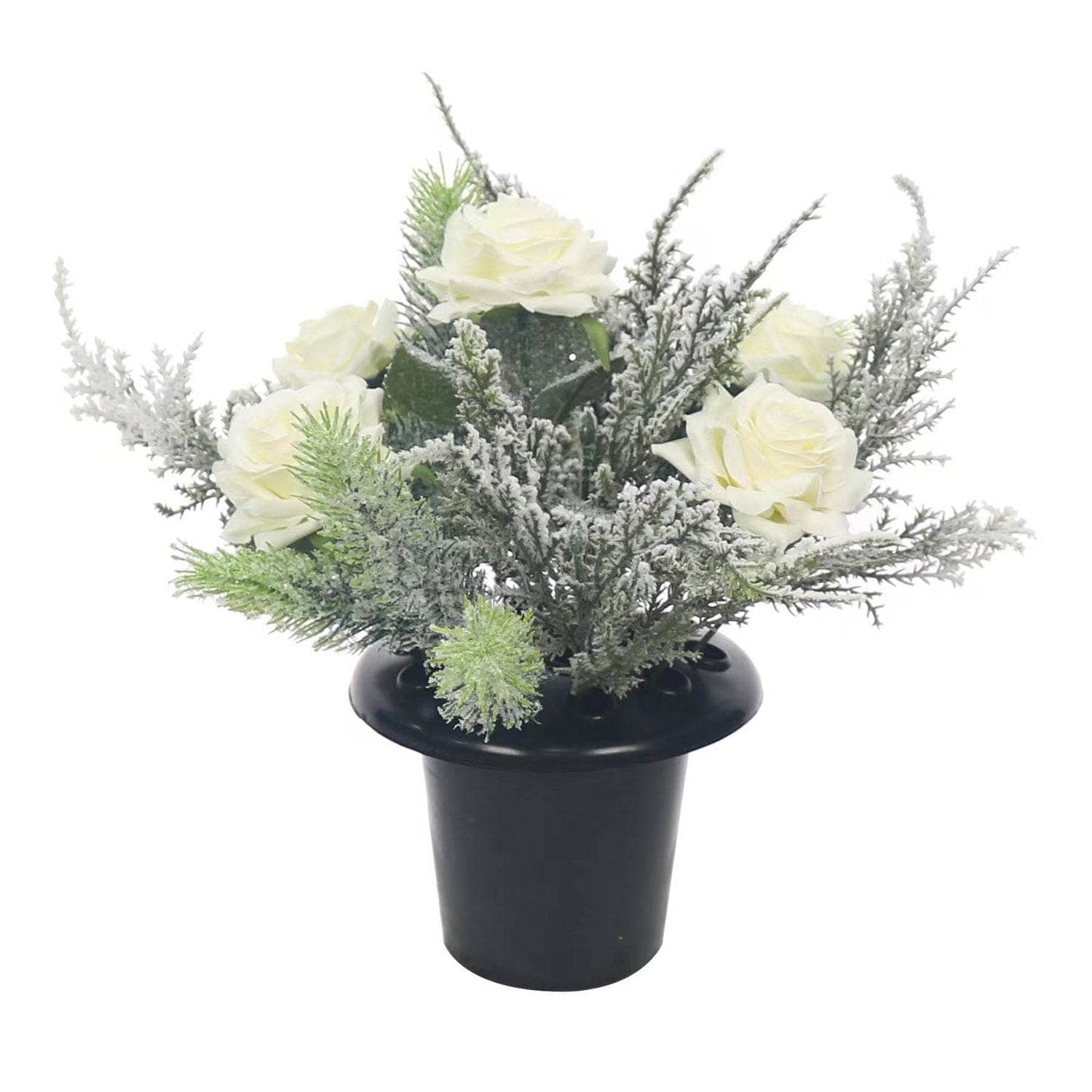 Christmas  -  Cream Rose Frosted Foliage Grave Pot 25cm  -  60014569