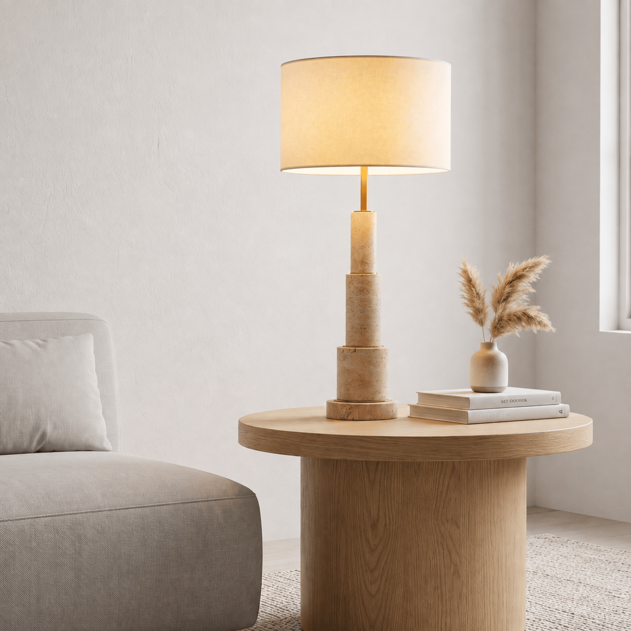 YS 12-0017-1TR Iron & Travertine Table Lamp with Linen Shade