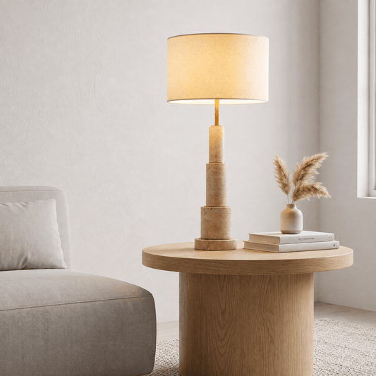 Lights  -  YS 12-0017-1TR Iron & Travertine Table Lamp with Linen Shade  -  60485989