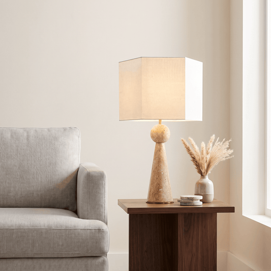 Lights  -  YS 12-0060-1 Iron & Travertine Table Lamp with Linen Shade  -  60485993