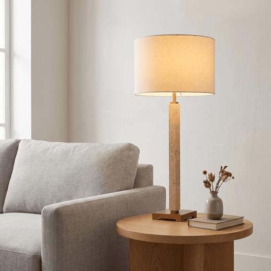 Lights  -  YS 12-0102-1 Iron & Travertine Table Lamp with Fabric Shade  -  60485992