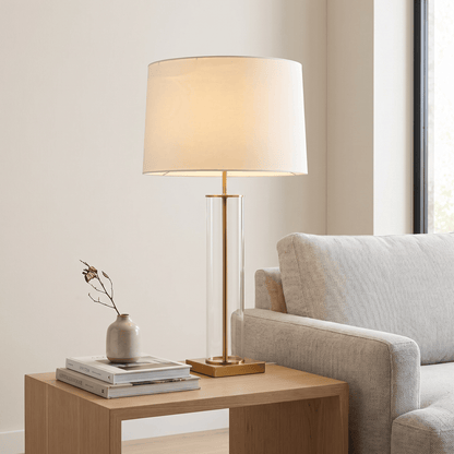 Lights  -  YS 12-1299-1BB Iron & Glass Table Lamp with Fabric Shade - Brushed Brass  -  60485995