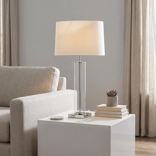 Lights  -  YS 12-1299-1PN Iron & Glass Table Lamp with Fabric Shade - Nickel  -  60485994
