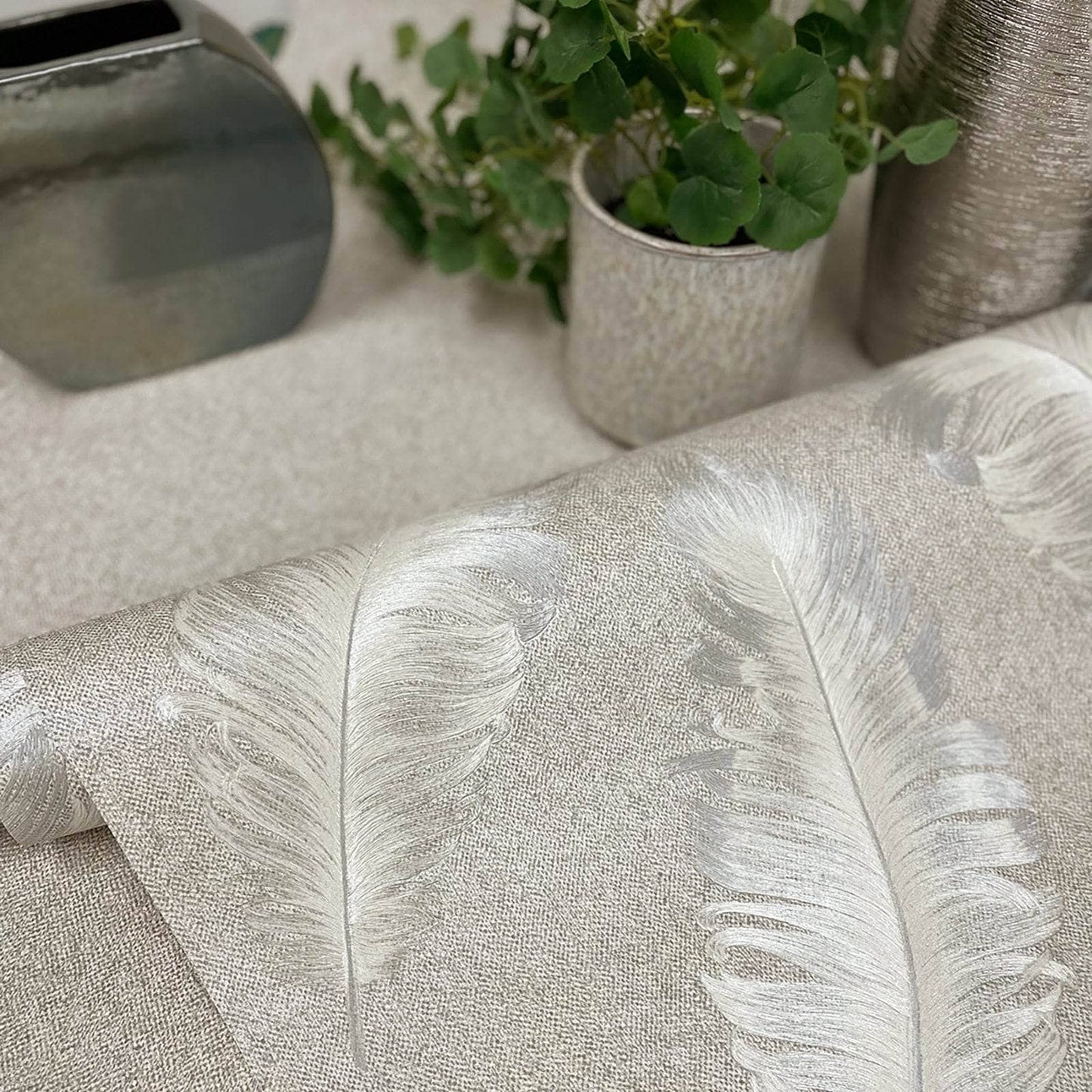 Wallpaper  -  Belgravia Ciara Soft Silver Feather Wallpaper - 60005534  -  60005534