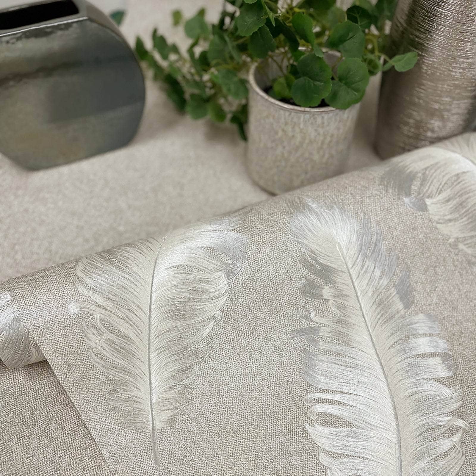 Wallpaper  -  Belgravia Ciara Soft Silver Feather Wallpaper - 60005534  -  60005534