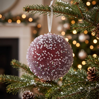 Christmas  -  Frosted Bauble with Glass Beads & Sequins - Burgundy - 15cm  -  60486192