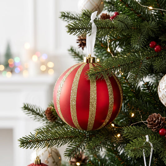Christmas  -  Red & Gold Fine Glitter Stripe Bauble - 15cm  -  60486235
