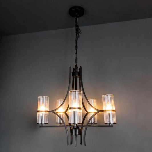 Lights  -  Rome 5 Light Matt Black & Ribbed Glass Pendant Light  -  60006131