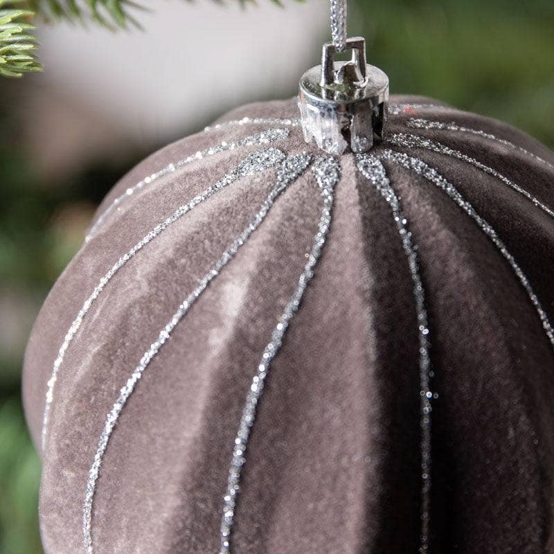 Christmas  -  Grey and Silver Stripped Flocked Bauble - 10cm  -  60005012