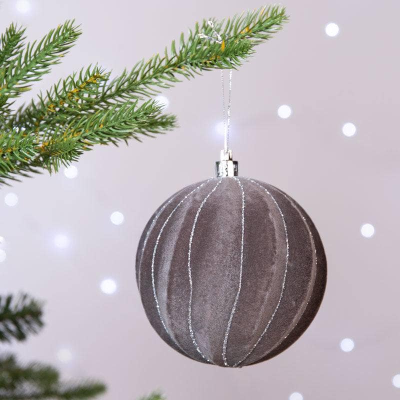 Christmas  -  Grey and Silver Stripped Flocked Bauble - 10cm  -  60005012