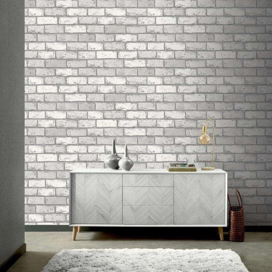 Wallpaper  -  Arthouse Metallic Brick White/Silver Wallpaper - 692201  -  50150261
