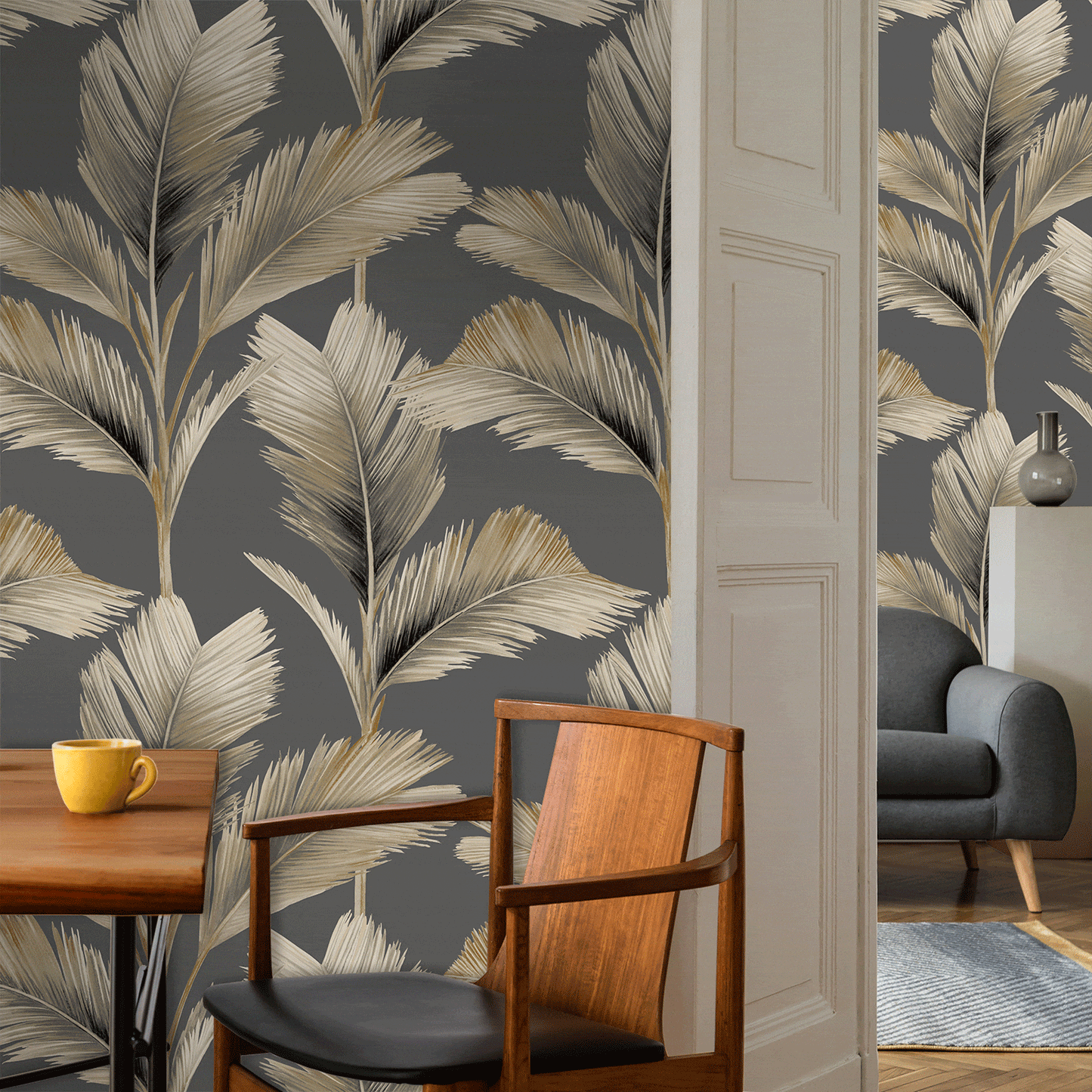 Wallpaper  -  Belgravia Kailani Leaf Charcoal Natural Wallpaper - 59116  -  50156268