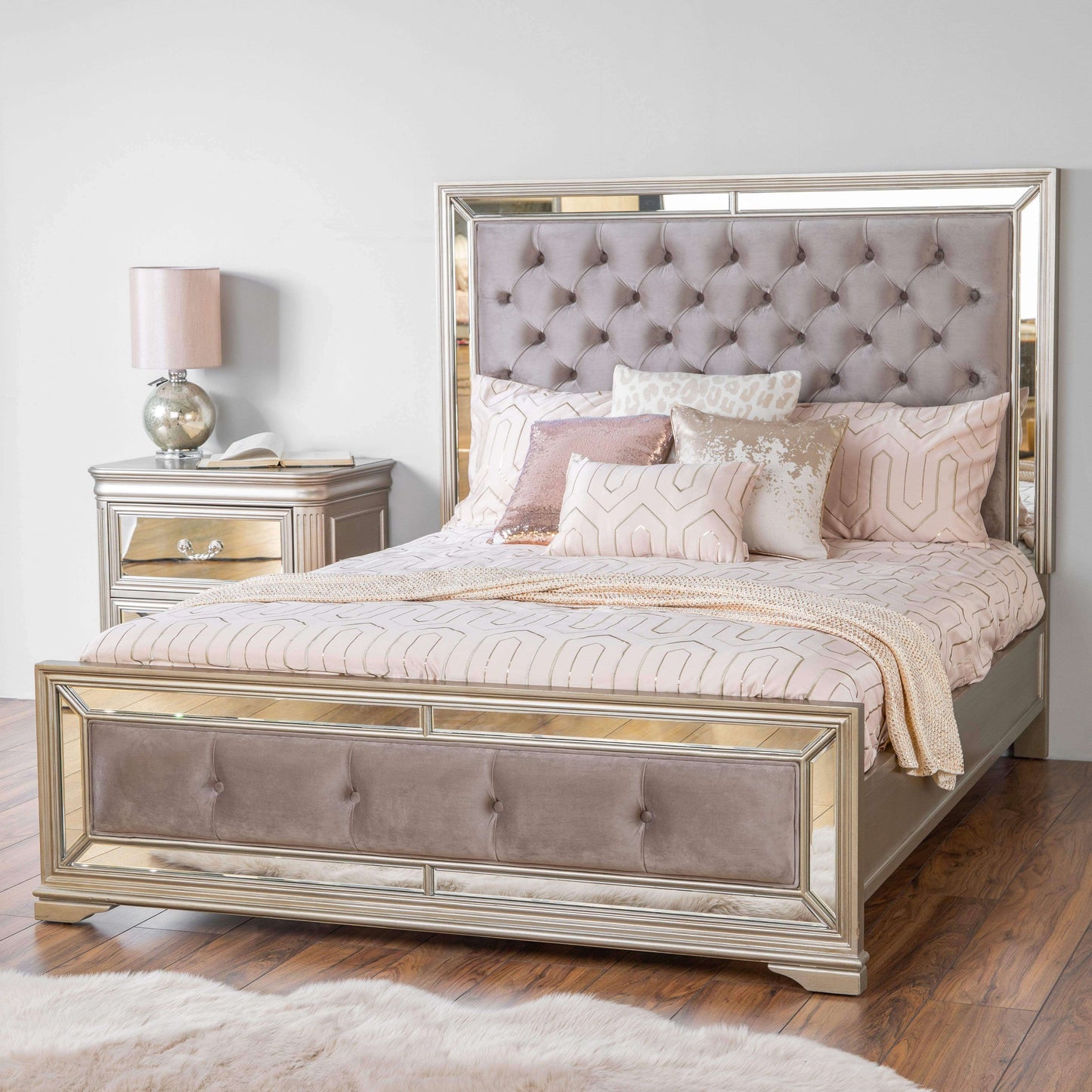 Furniture  -  Clio King Size Velvet Mirrored Bedframe - Taupe  -  50148686