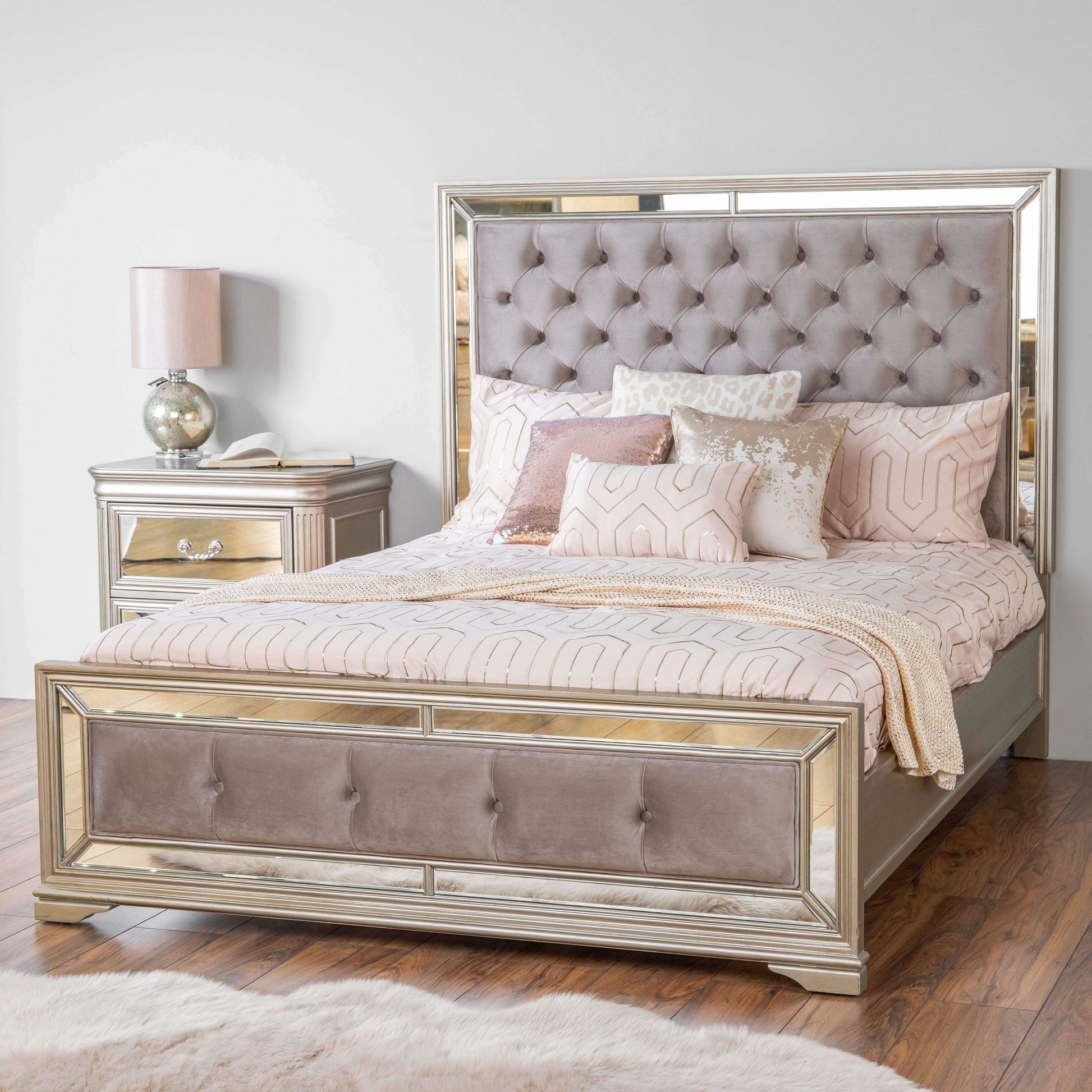 Furniture  -  Clio King Size Velvet Mirrored Bedframe - Taupe  -  50148686