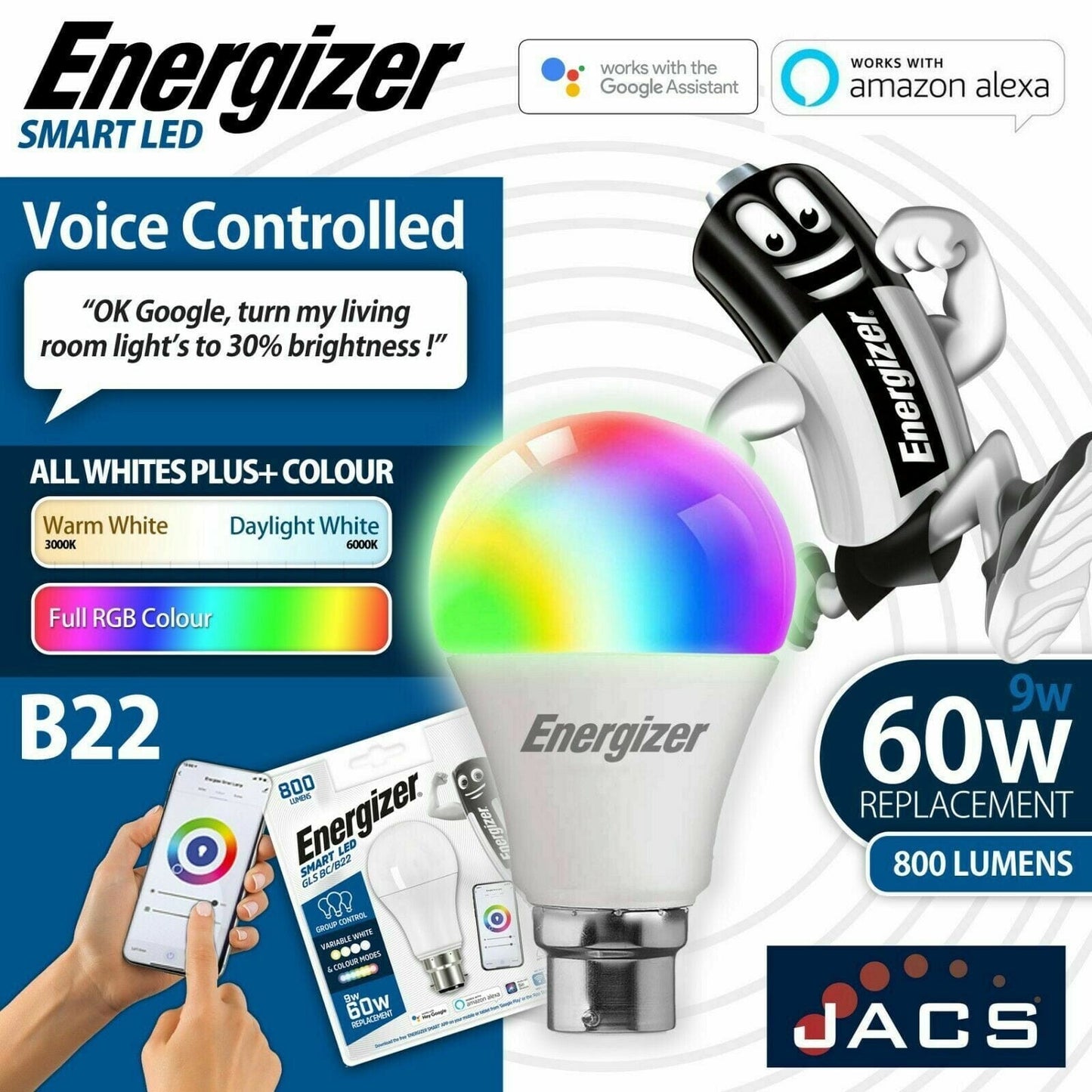 Lights  -  Energizer 9W Smart Led B22 Gls Bulb  -  60000185