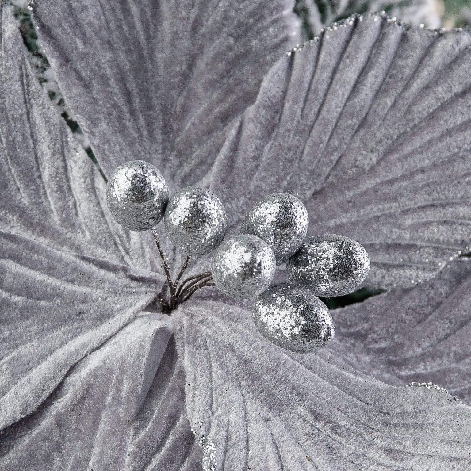 Christmas  -  Silver Velvet Poinsettia Clip-On Christmas Tree Flower Decoration - 40cm  -  60000881