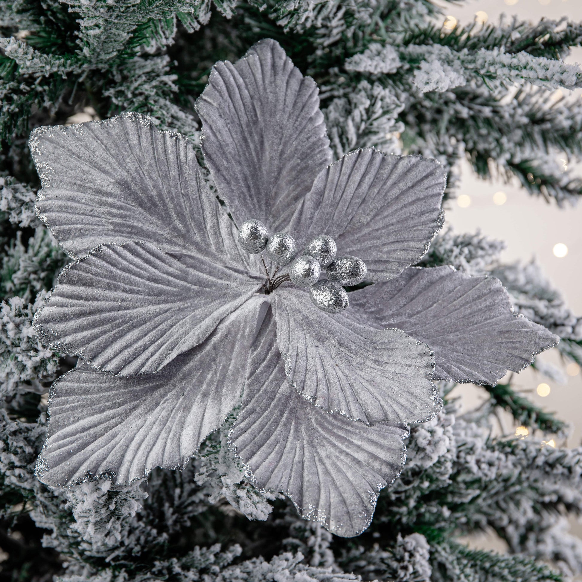 Christmas  -  Silver Velvet Poinsettia Clip-On Christmas Tree Flower Decoration - 40cm  -  60000881