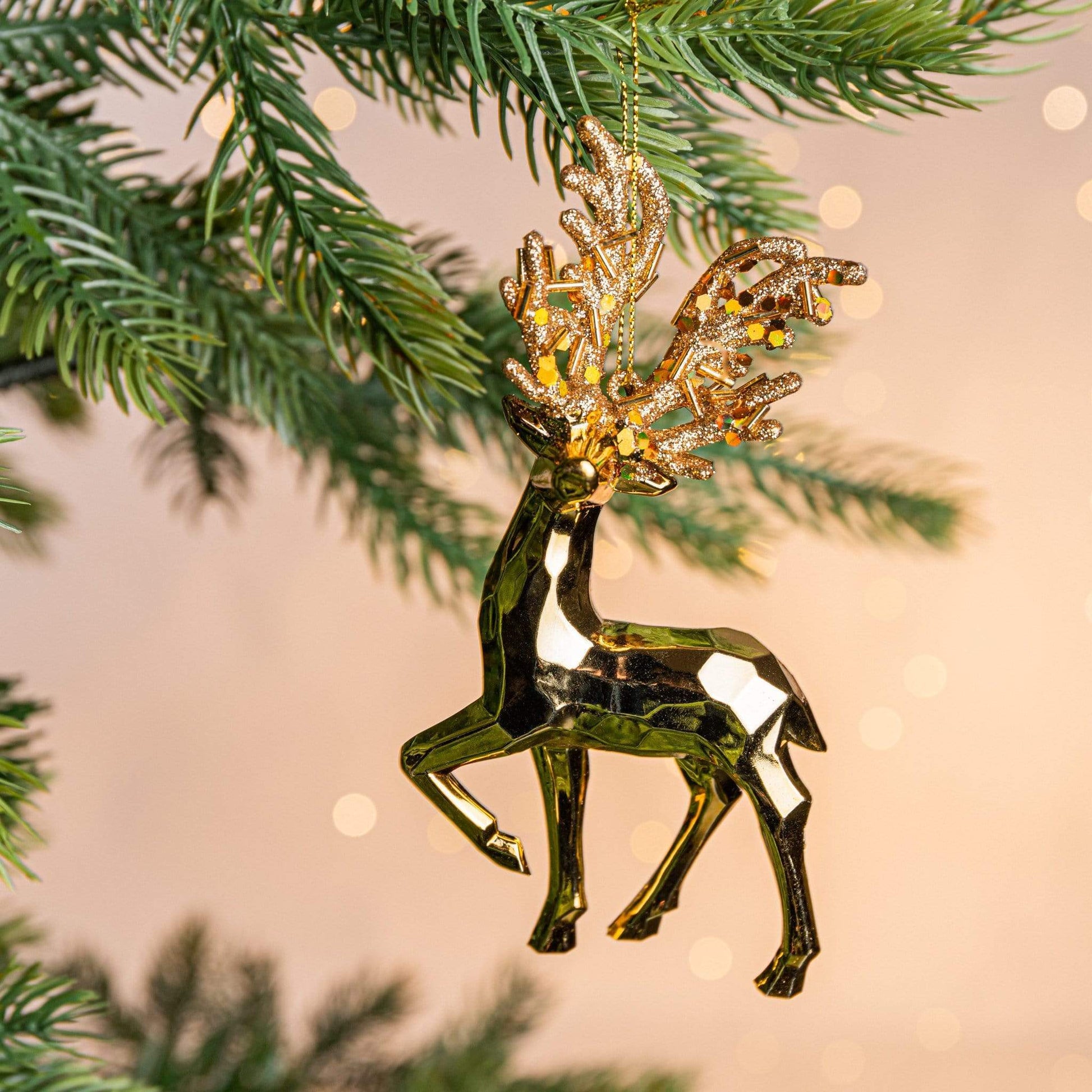 Christmas  -  Gold Mirror-Cut Reindeer Shatterproof Christmas Tree Decortaion - 16cm  -  50153624
