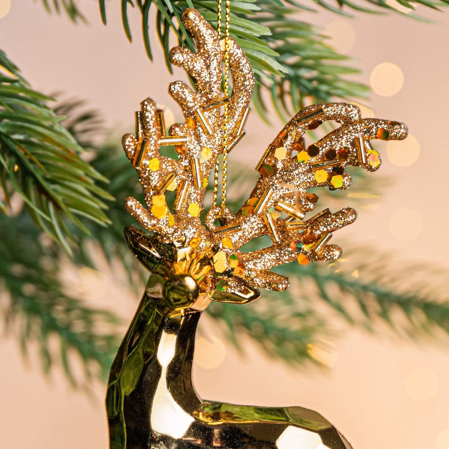Christmas  -  Gold Mirror-Cut Reindeer Shatterproof Christmas Tree Decortaion - 16cm  -  50153624